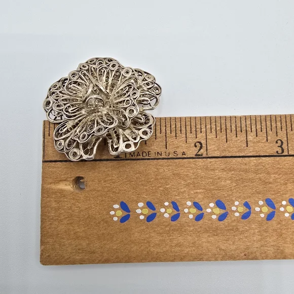 VTG Mexico Silver Filigree Flower Brooch Pin Layered Floral 1.75" REPAIR - Picture 12 of 12